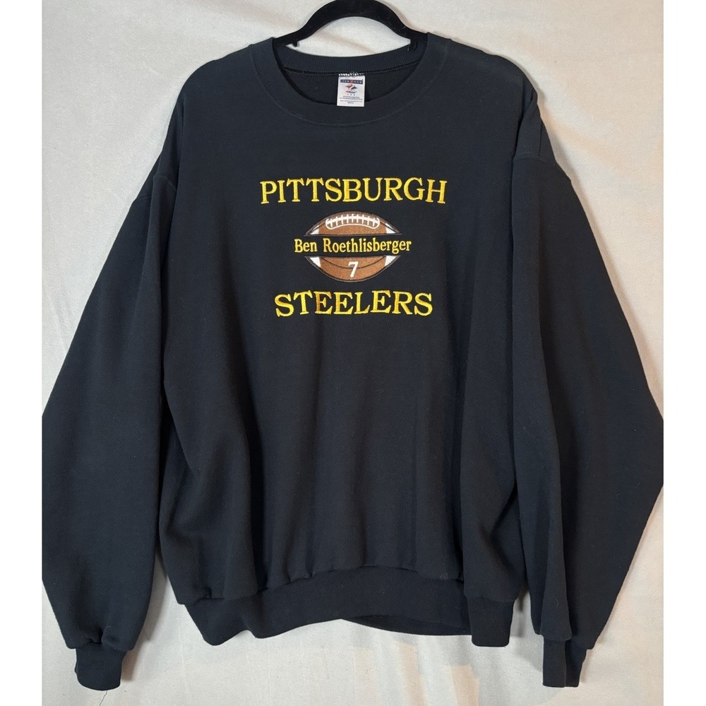 Jerzees Steelers Sweatshirt L Football Crewneck Roethlisberger Black Embroidered